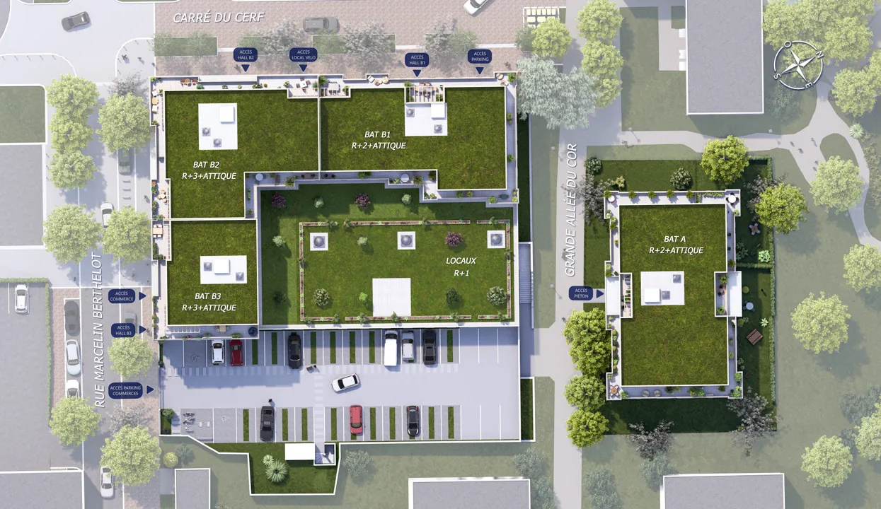 Vue aérienne des deux bâtiments, de leurs toitures végétalisées et du parking.